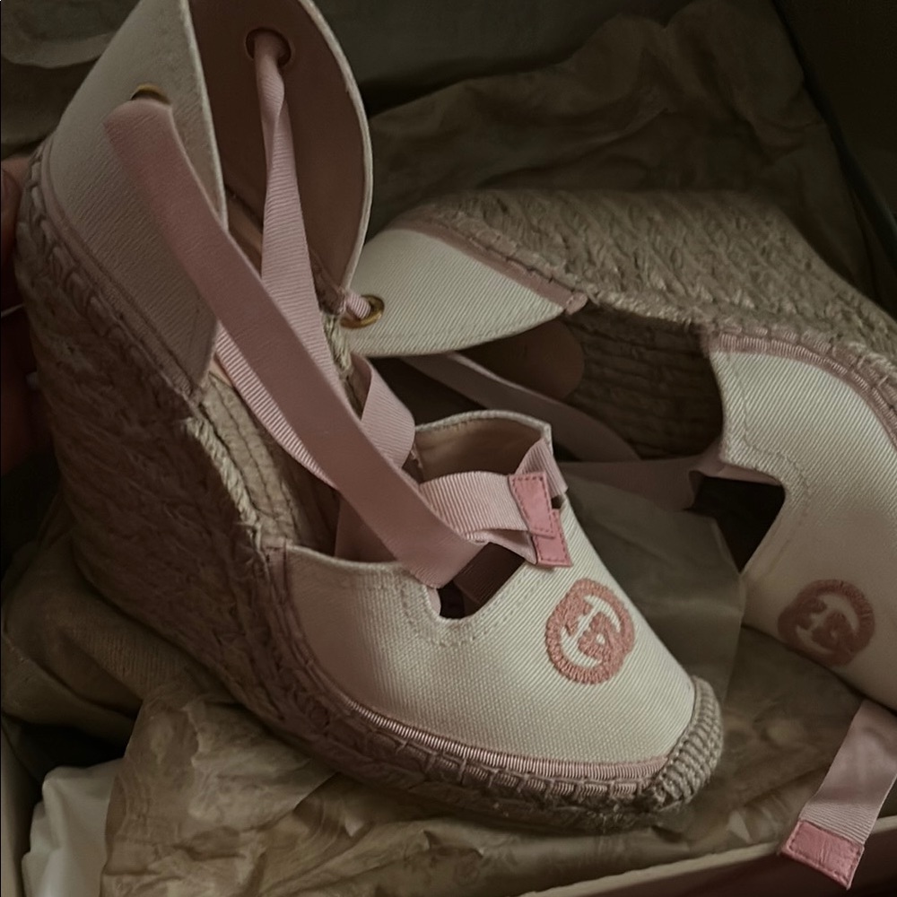 Gucci Pink and White Espadrille Wedges